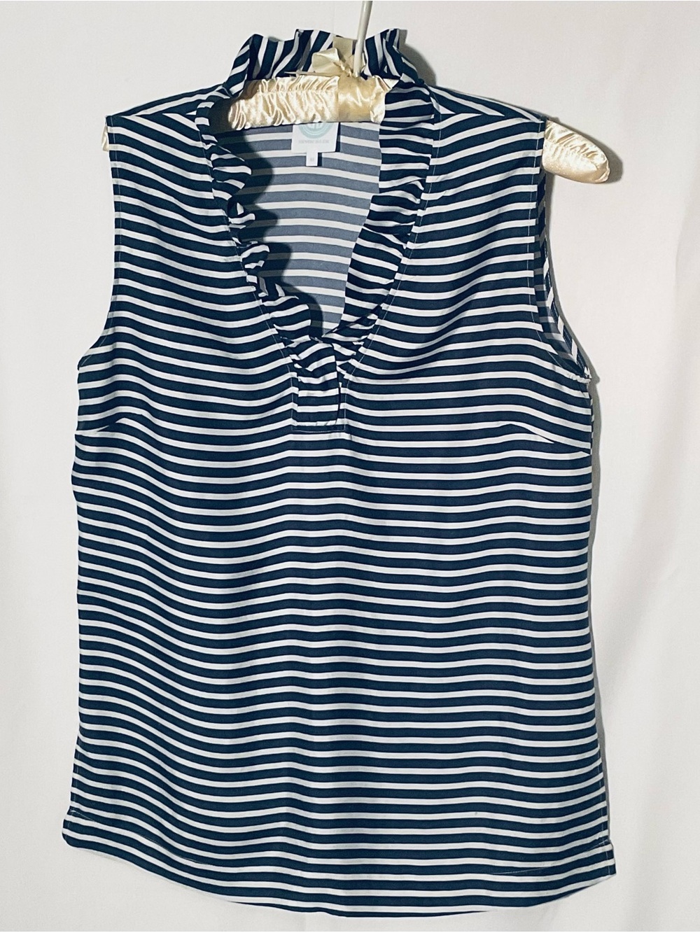 Navy and White 100% Silk Striped Sleeveless Ruffle-Trim V-Neck Blouse
